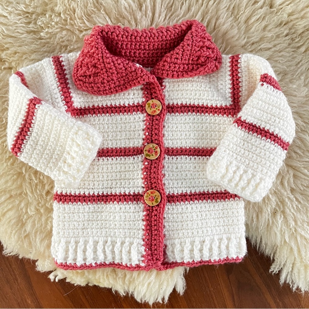 Handmade Striped Baby Girl Crocheted Button Up Sweater 3-6 Months Grannycore New